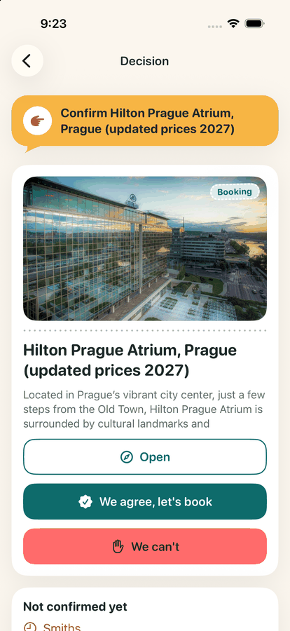The decision screen: confirm the hotel with the buttons We agree, let's book and We can't.